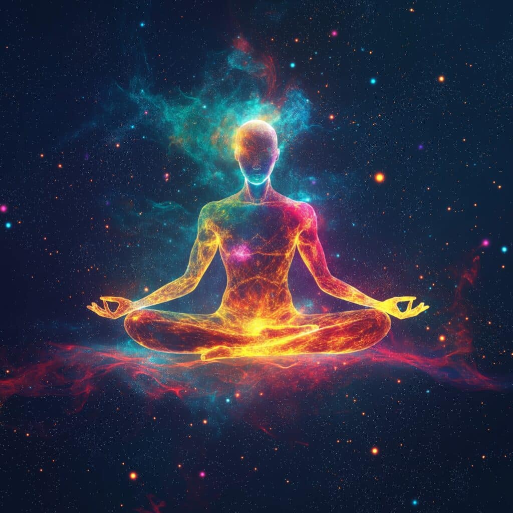 Glowing human in lotus yoga pose