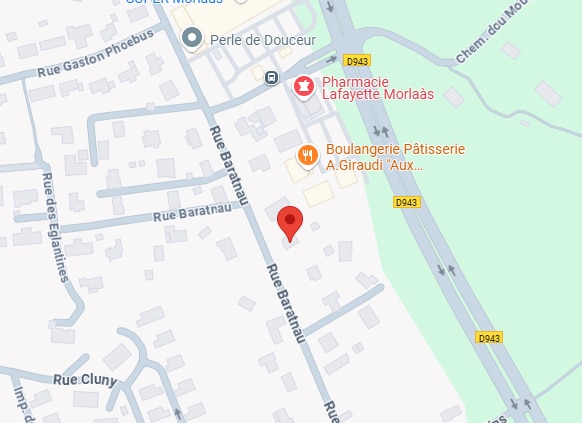 Carte de Morlaàs avec la Pharmacie Lafayette, la Boulangerie A. Giraudi et la Rue Baratnau. Repère rouge indiquant une localisation précise.