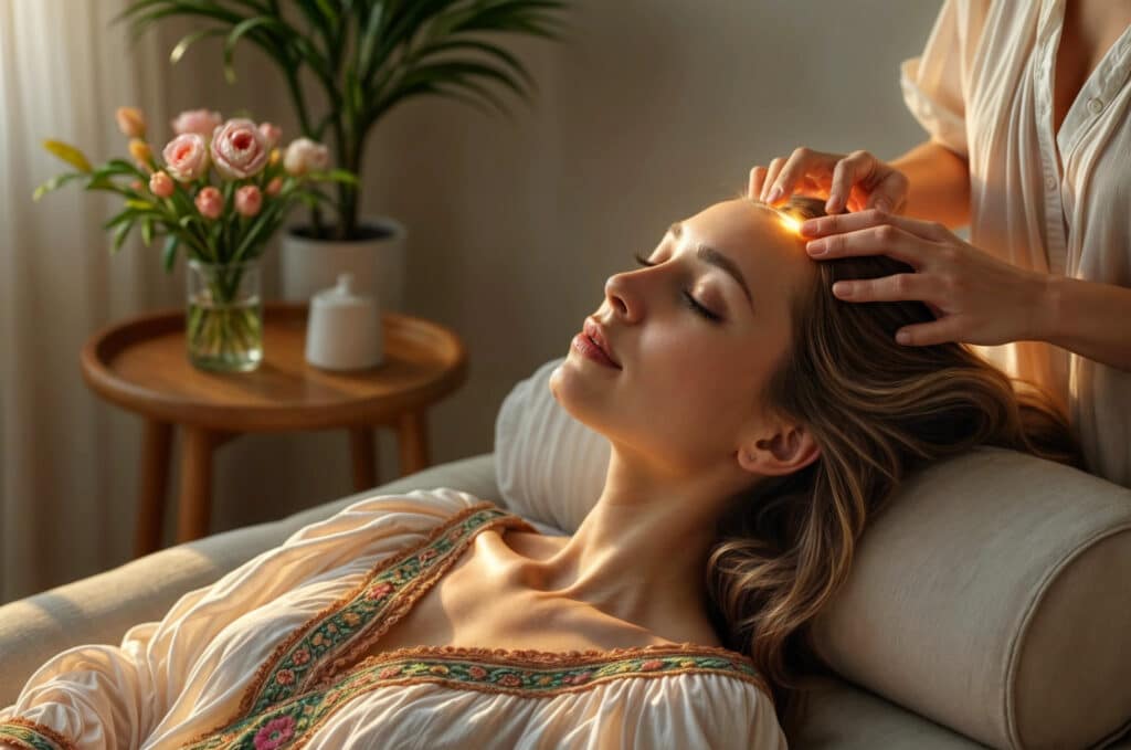 Femme détendue aux yeux fermés recevant une séance énergétique sur le front dans une pièce ensoleillée.